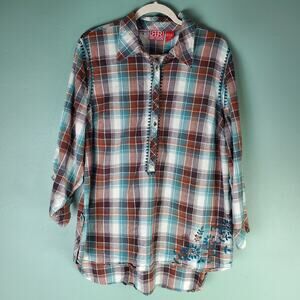 Red Ranch Womens Blue Brown Popover Plaid Floral Embroidered Western Shirt 1X